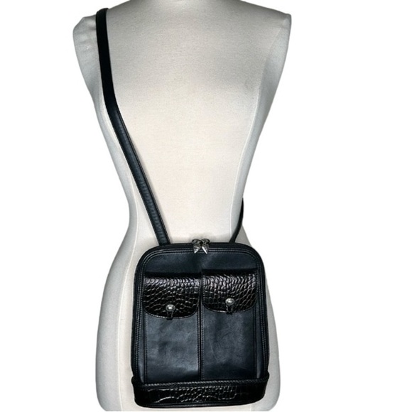 VTG Brighton One World Slim Leather Crossbody Bag Croc Emboss Single Strap Black - Picture 1 of 16